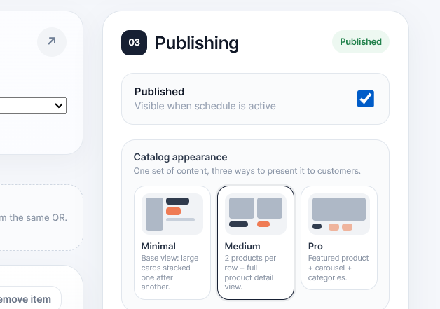Minimal, Medium, and Pro catalog layouts before publishing